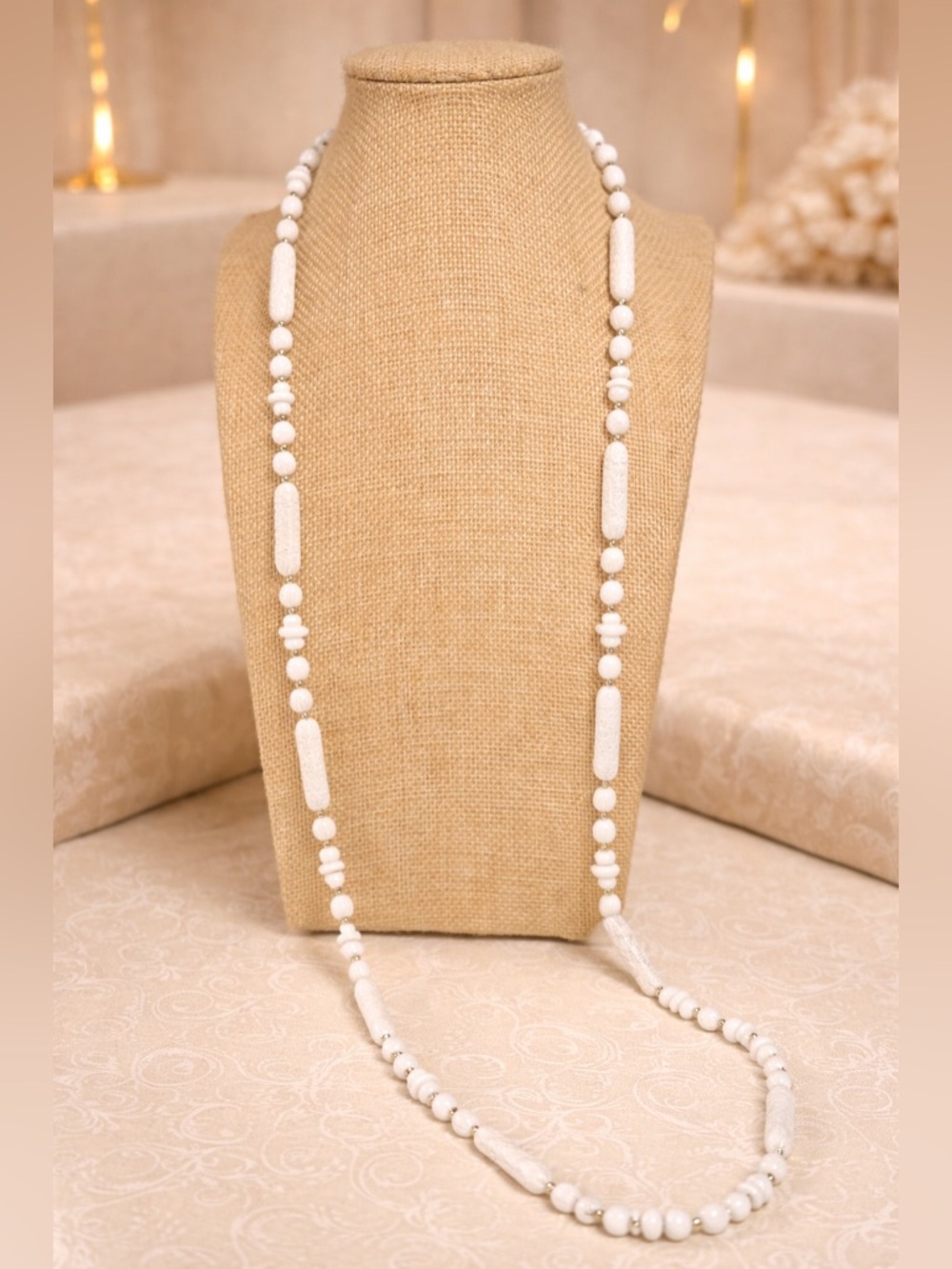 Vintage SARAH COVENTRY White Beaded Necklace 36" Opera Length Carved Beads